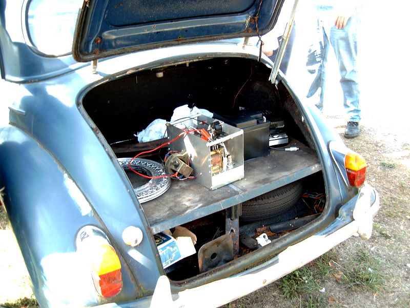 recreated transmitter in the boot of a classic Morris Minor