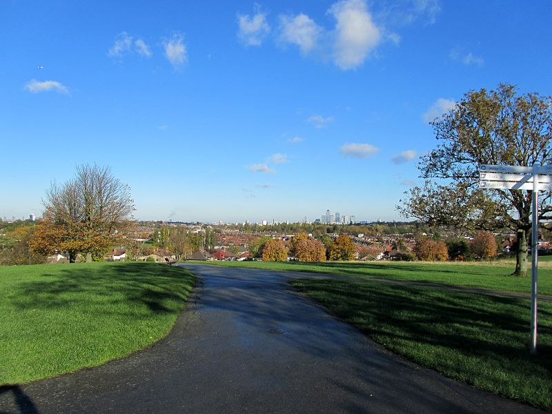 Looking out over Docklands and London from Blythe Hill