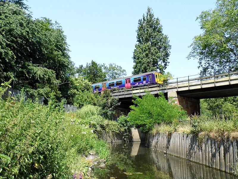 a class 319 train passes over the River Ravensbourne