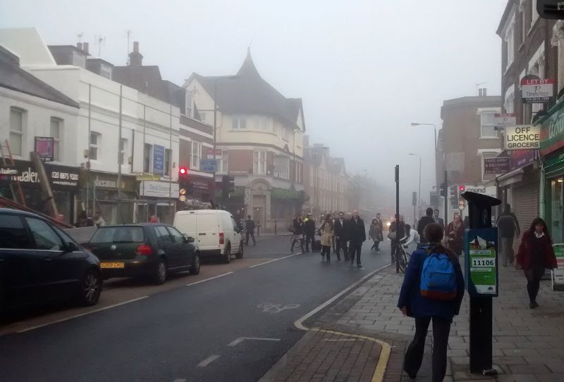 Garratt Lane, Earlsfield on a foggy morning