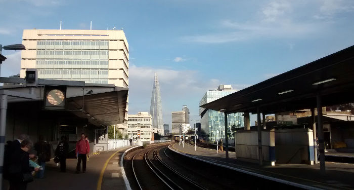 blue sky, the shard, guys
                  hospital - as seen from platrom A at Waterloo East
                  station