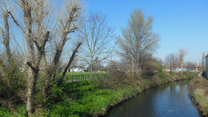 The River Wandle
                          under a clear blue sky in Earlsfield