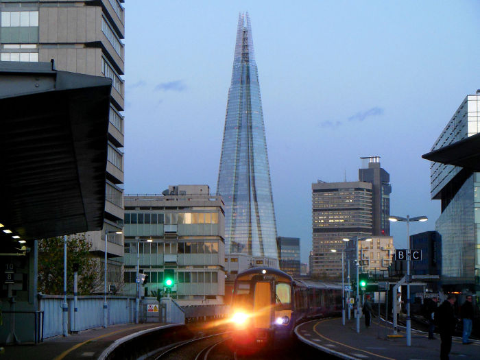 The Shard seen from
                      platform A of Waterloo East station as the sun was
                      setting.