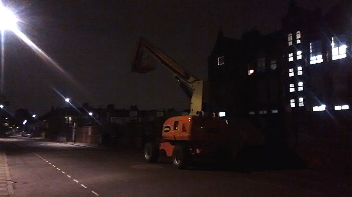 travelling crane parked
                  overnight with no lights or reflectors