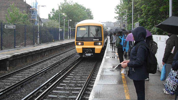 the 06:33 arrives at a wet and soggy
                          Caatford Bridge station