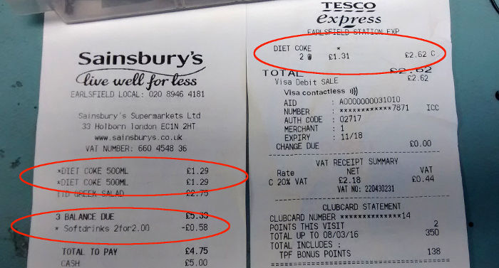 comparing
                              Sainsbury and Tesco price of Diet Coke