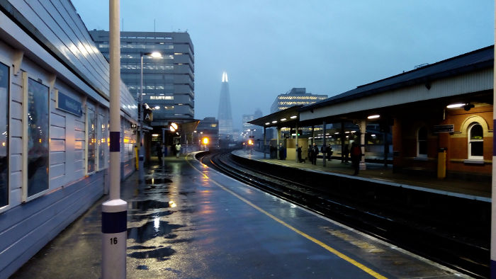 Waterloo East station - view
                  from platform A towards The Shard