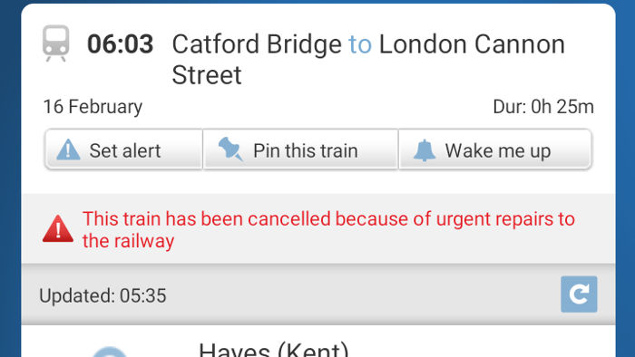 screenshot from
                              mobile phone of National Rail app