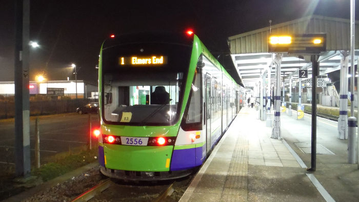 A tram at Elmers End station