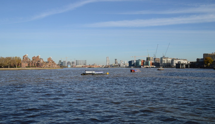 Looking down the
                        Thames towards the Greenwich Penisula