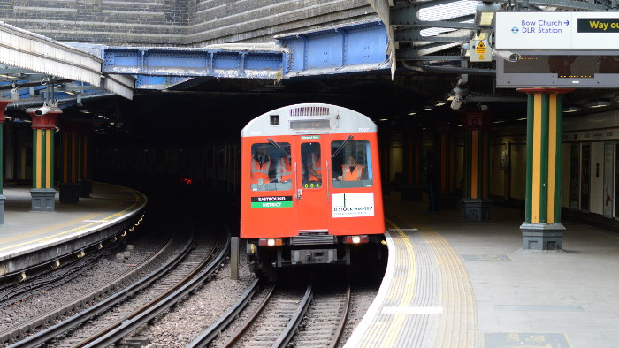 D78 stock train
                  pulling into Bow Road station