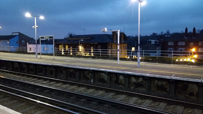 The Shortlands Tavern by night, as seen
                  from the railway station