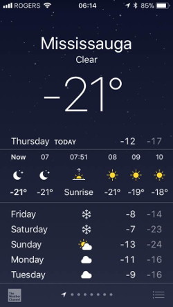 The temperature in Mississauga Canada a
                      few days ago