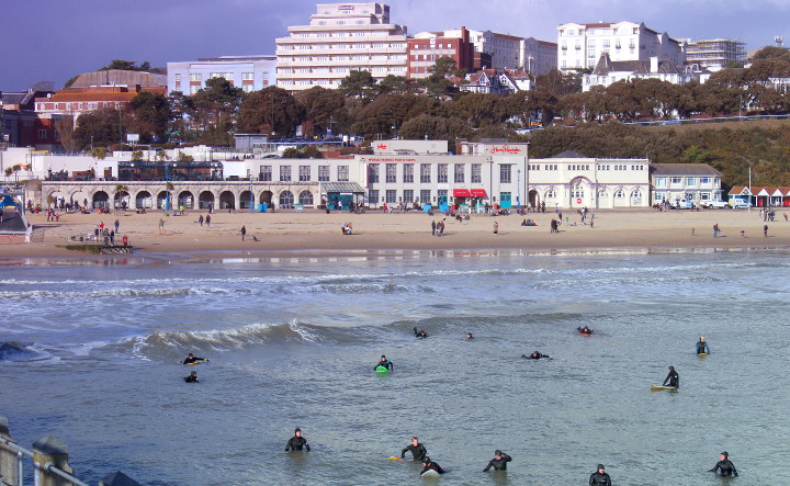 looking
          back at land from the end of the pier