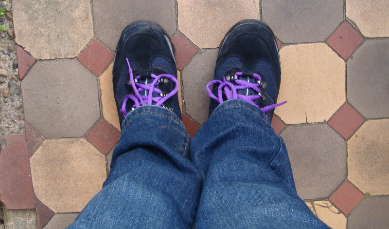 boots with purple
                        laces