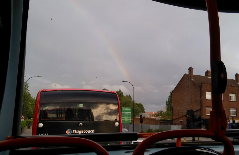 rainbow viewed from the
                      top deck of a bus near Downham